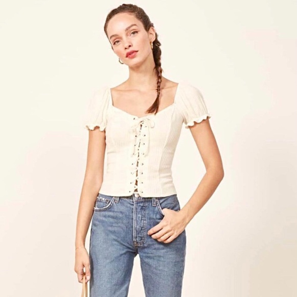 Reformation White Ribbed Tie Front Corset Sundance Top with Ruffle Sleeves